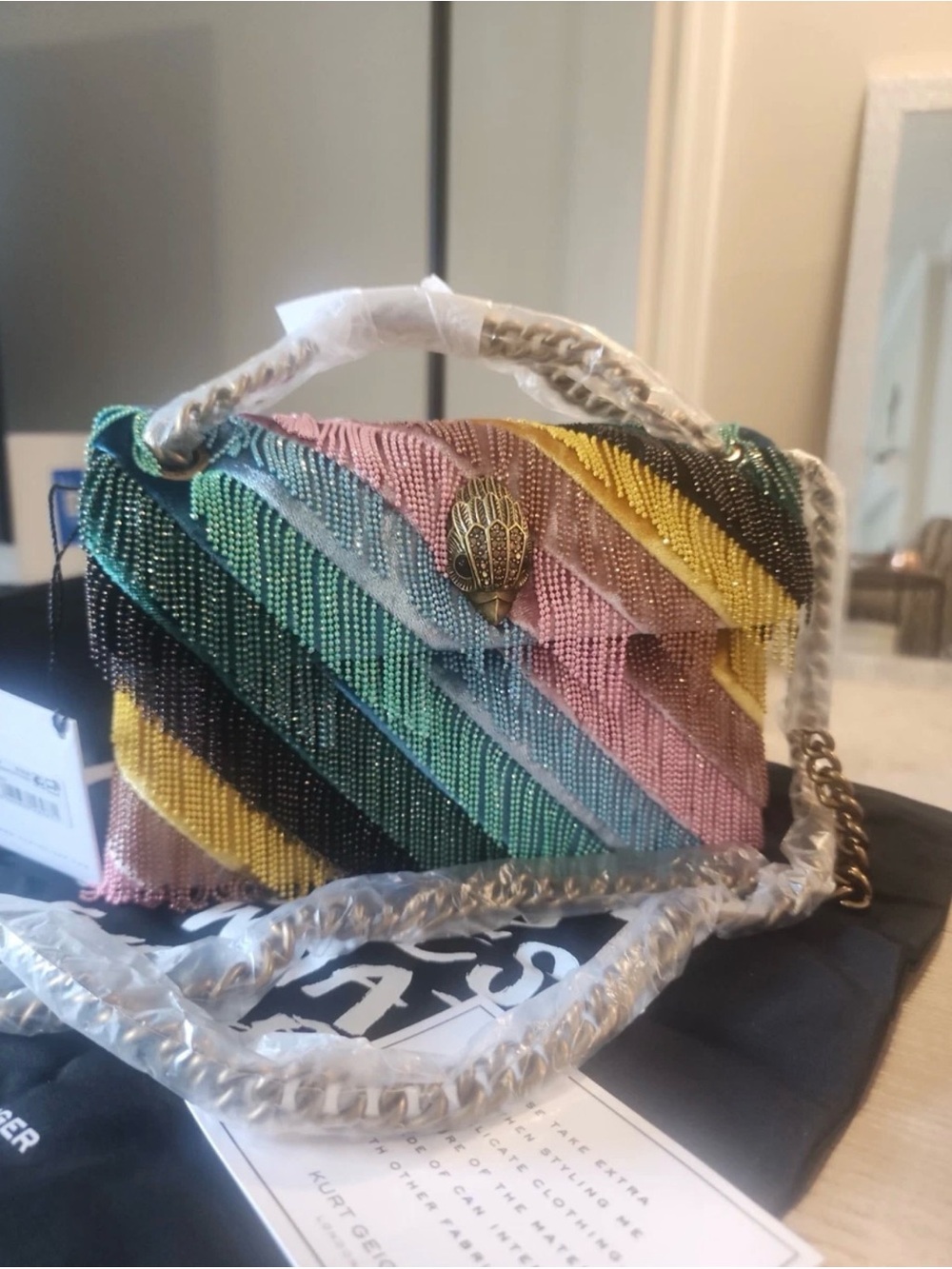 Kurt Geiger Multicolor Beaded Diagonal Stripe Chain Bag text 5045474637.